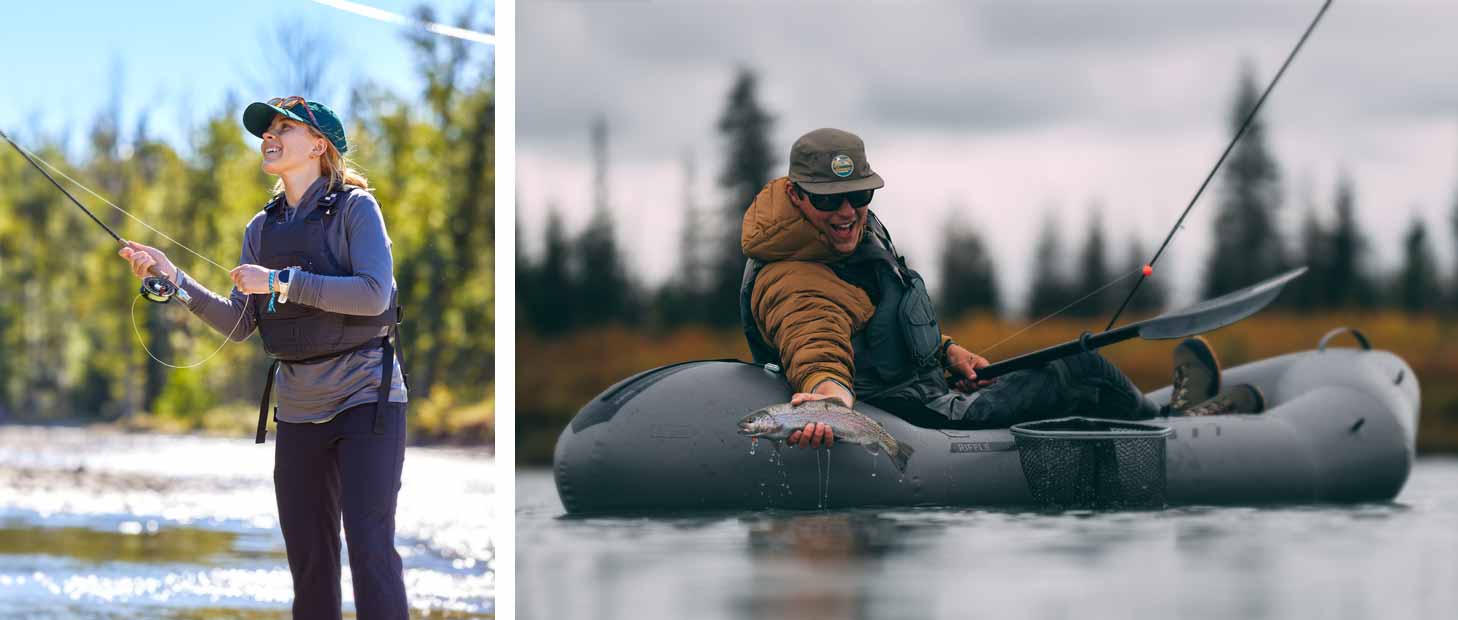 A woman fly fishes from shore wearing her NRS fishing PFD. A man catches a fish from a fishing-specific NRS packraft.