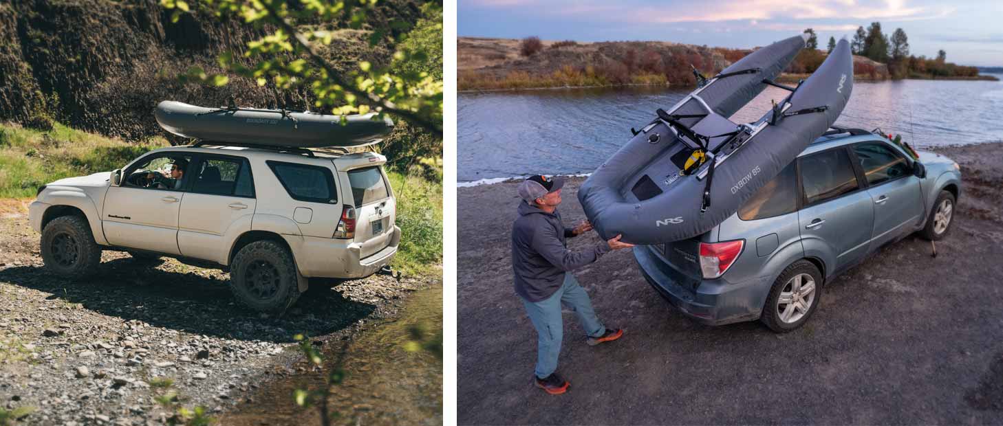 Lightweight NRS fishing rafts loaded on top of passenger vehicles for easy transport.