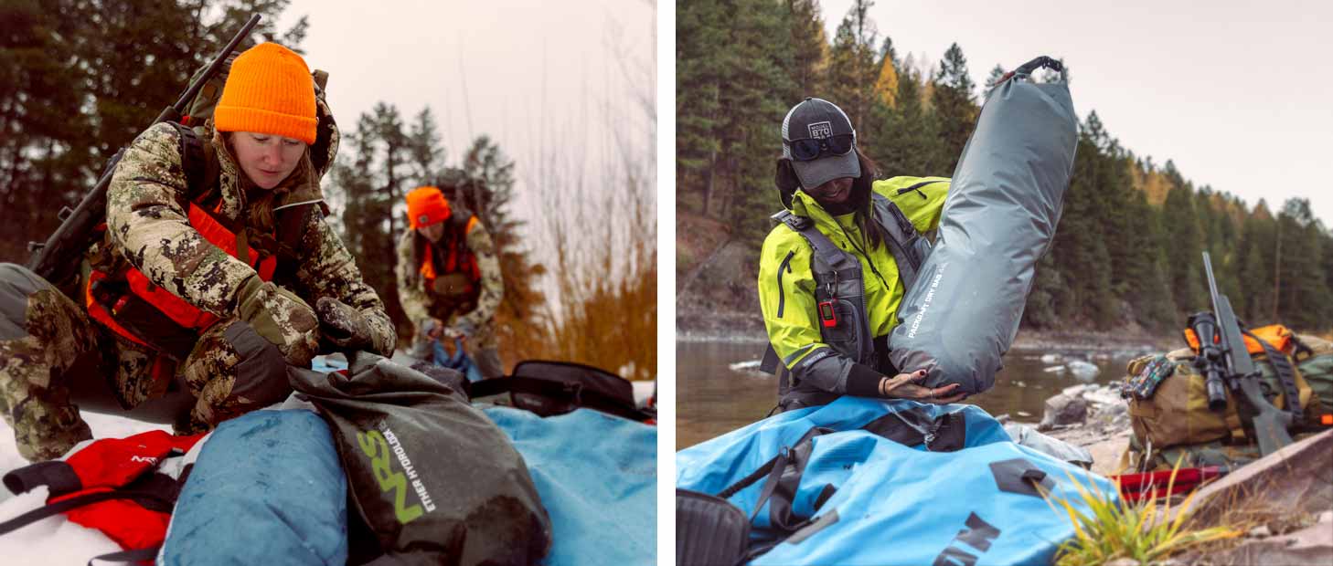 Hunters demonstrate how to load a packraft with NRS dry bags.