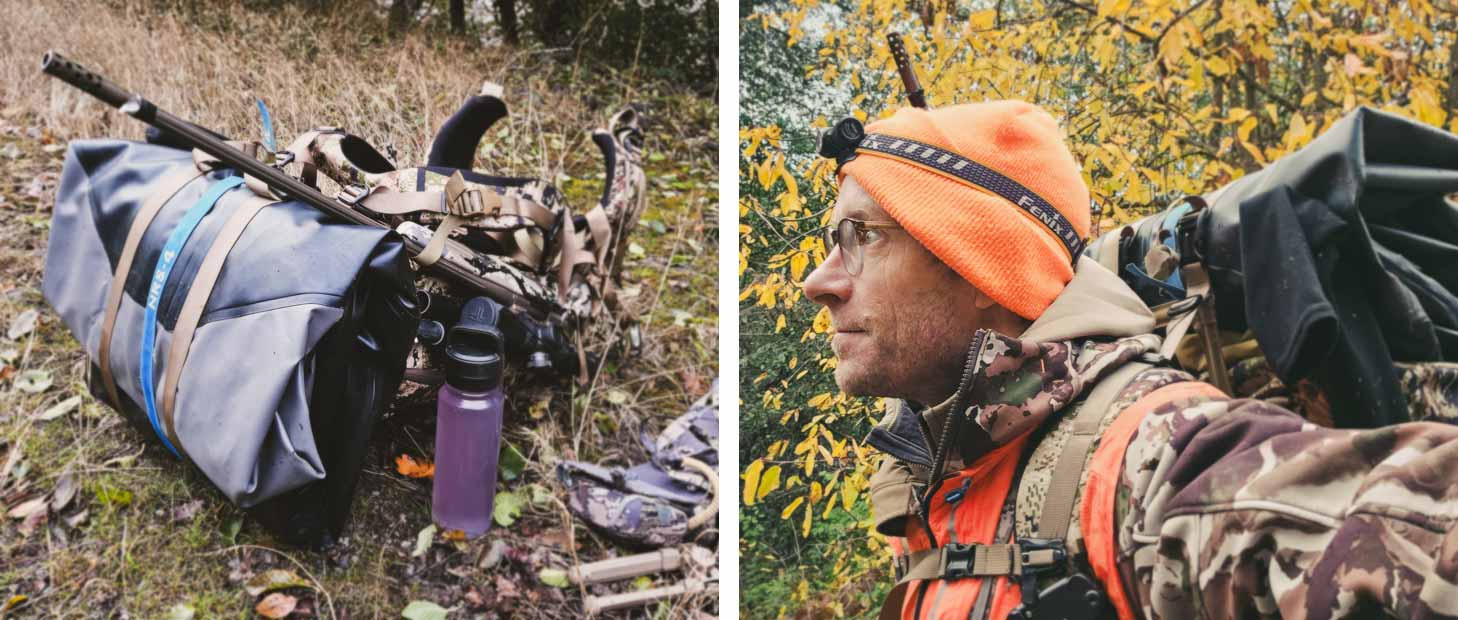 A deflated and rolled packraft is strapped to the backpack of a hunter.