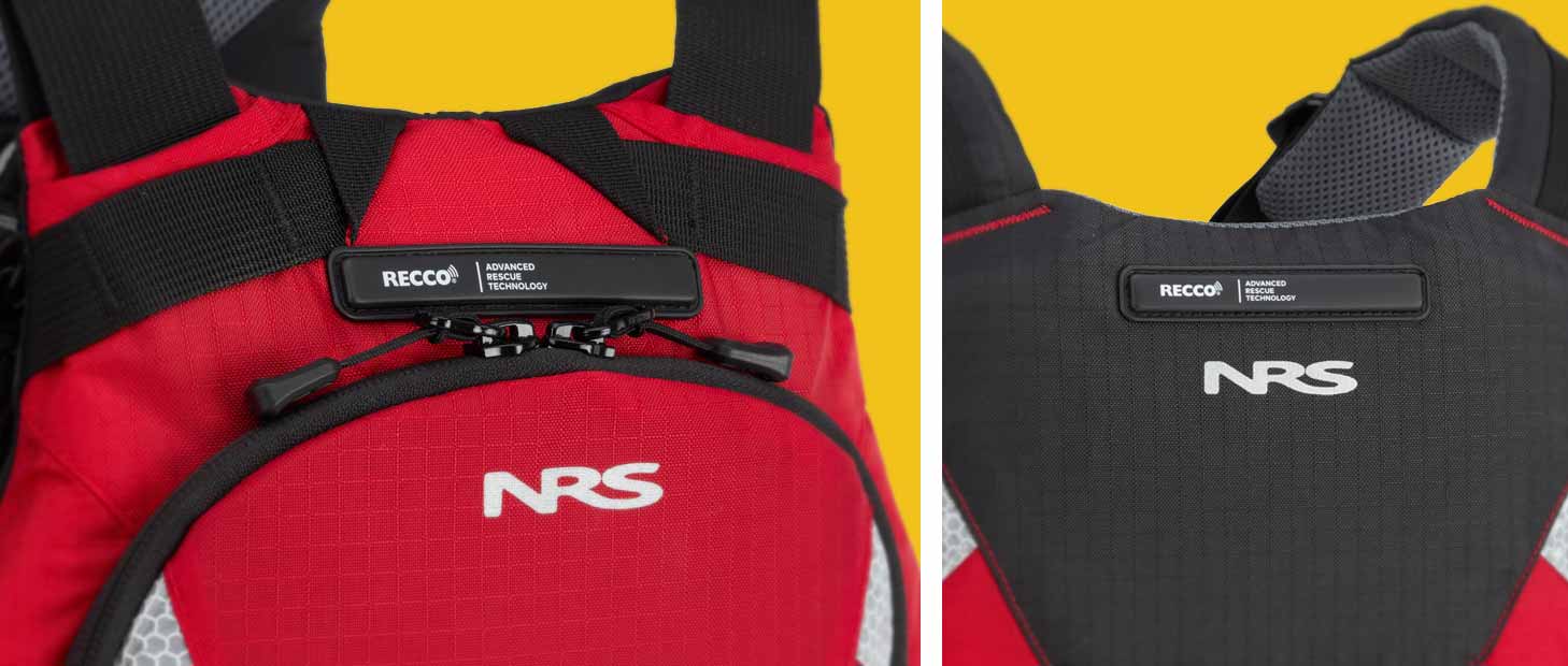 Front and back views of the NRS Vector Rescue PFD detailing the RECCO reflector.