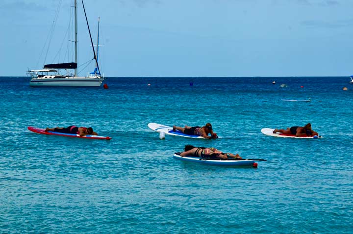 small group laying on paddle boards in the blue ocean